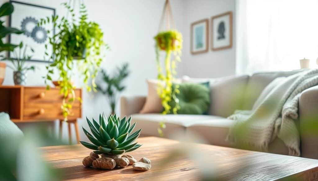 A cozy living room setting showcasing elegant house plants as focal points. In the foreground, a small, stylish potted succulent sits on a rustic wooden coffee table, surrounded by a few decorative stones. In the middle, a pair of lush, green ferns cascade from a shelf, while a vibrant pothos plant is elegantly trailing from a hanging planter. The background features soft, natural light filtering through a large window, illuminating the room with a warm, inviting atmosphere. The walls are tastefully adorned with simple art pieces, and a comfortable sofa draped with a textured throw adds a homely touch. Capture the scene with a shallow depth of field, emphasizing the plants while softly blurring the background for a serene and fresh feel.