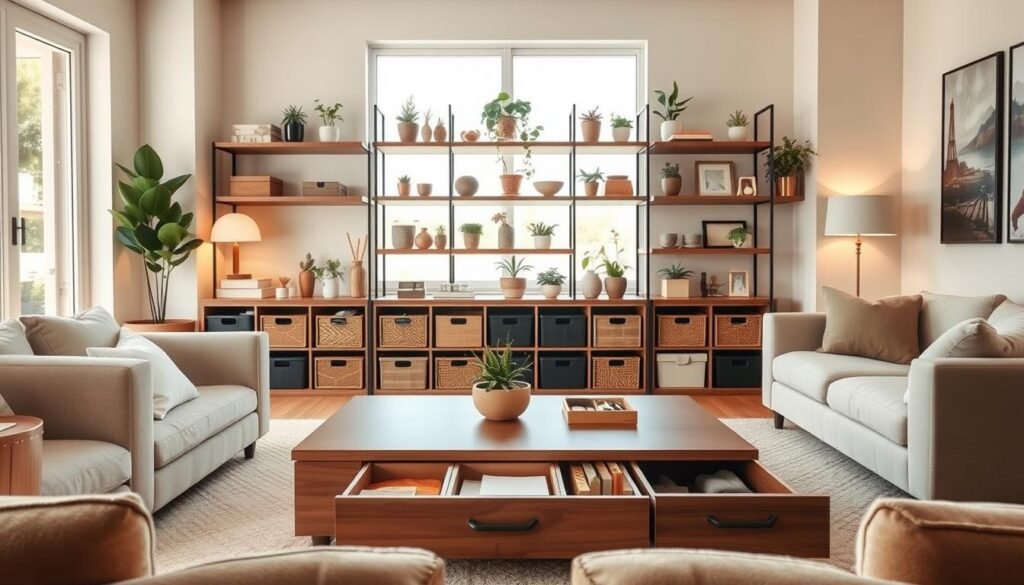 A cozy living room setup designed for small space storage solutions. In the foreground, a sleek, multifunctional coffee table with built-in drawers, surrounded by plush, neutral-toned seating. In the middle, stylishly arranged shelves filled with artful storage boxes, plants, and decorative items, all featuring soft, earthy colors. The background showcases a large window allowing bright, natural light to flood the room, highlighting the airy atmosphere. The walls are painted in calming shades, complemented by soft lighting that creates a warm, inviting feel. The overall mood is serene and comfortable, emphasizing a lived-in yet organized space that maximizes storage while maintaining aesthetic appeal. A cozy living room setup designed for small space storage solutions. In the foreground, a sleek, multifunctional coffee table with built-in drawers, surrounded by plush, neutral-toned seating. In the middle, stylishly arranged shelves filled with artful storage boxes, plants, and decorative items, all featuring soft, earthy colors. The background showcases a large window allowing bright, natural light to flood the room, highlighting the airy atmosphere. The walls are painted in calming shades, complemented by soft lighting that creates a warm, inviting feel. The overall mood is serene and comfortable, emphasizing a lived-in yet organized space that maximizes storage while maintaining aesthetic appeal.