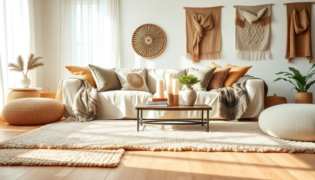 A cozy living room showcasing rich textile layers that bring warmth and depth. In the foreground, a plush, textured area rug with intricate patterns lies over natural wood flooring. Soft woven throw blankets and decorative pillows in muted earth tones are casually draped on a linen-covered sofa. In the middle ground, a beautifully designed coffee table topped with candles, a stack of books, and a small potted plant adds to the inviting atmosphere. The background features light-filtering sheer curtains letting in soft sunlight, highlighting a collection of layered wall art and decorative fabrics hanging on the walls. The scene is bright and airy, evoking a calm, inviting mood that feels genuinely lived-in. The composition is captured in a wide-angle shot, enhancing the overall warmth and comfort of the space. A cozy living room showcasing rich textile layers that bring warmth and depth. In the foreground, a plush, textured area rug with intricate patterns lies over natural wood flooring. Soft woven throw blankets and decorative pillows in muted earth tones are casually draped on a linen-covered sofa. In the middle ground, a beautifully designed coffee table topped with candles, a stack of books, and a small potted plant adds to the inviting atmosphere. The background features light-filtering sheer curtains letting in soft sunlight, highlighting a collection of layered wall art and decorative fabrics hanging on the walls. The scene is bright and airy, evoking a calm, inviting mood that feels genuinely lived-in. The composition is captured in a wide-angle shot, enhancing the overall warmth and comfort of the space.
