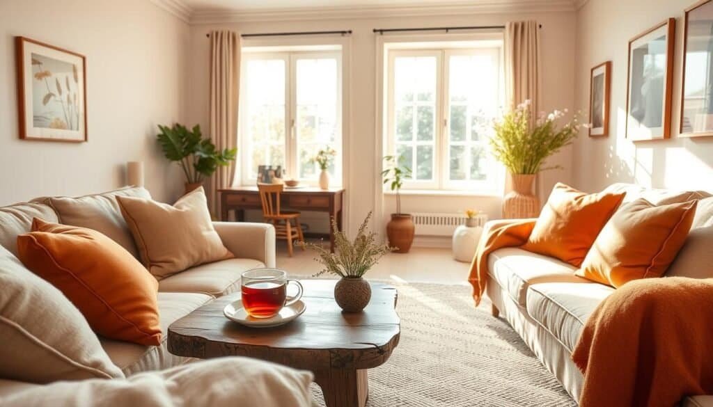 A cozy living room showcasing the principles of color psychology in home decor, filled with warm tones of soft beige, gentle terracotta, and deep earthy greens. In the foreground, an inviting couch adorned with plush cushions in harmonious colors invites relaxation. The middle layer includes a rustic wooden coffee table set with a steaming cup of herbal tea and a small vase of fresh flowers, enhancing the warmth. In the background, large, sunlit windows let in bright natural light, illuminating the room with a soft glow. The walls are painted in a soothing pastel shade, complemented by artwork in warm hues. Overall, the atmosphere is calm, peaceful, and welcoming, embodying the concept of warmth in everyday spaces.