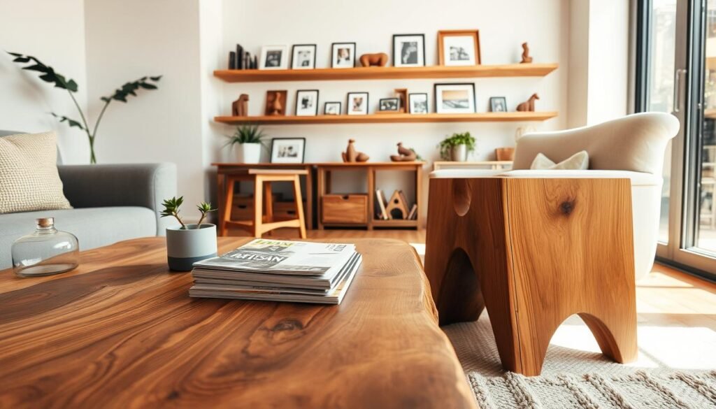 A cozy living room showcasing wooden accent pieces that reflect personal touch and simplicity. In the foreground, a rustic wooden coffee table with intricate grain patterns holds a small potted plant and a stack of artisan magazines. The middle ground features a handcrafted wooden side table with a unique design, standing next to a soft upholstered chair. Behind, a light-colored wall adorned with wooden shelving displays framed photos and simple wooden sculptures. The scene is bathed in bright, natural light filtering through a large window, creating a warm and inviting atmosphere. The overall mood feels relaxed and homey, perfect for showcasing DIY craftsmanship in a stylish living space. Shot with a wide-angle lens to capture depth and detail, emphasizing the textures and warmth of the wood.