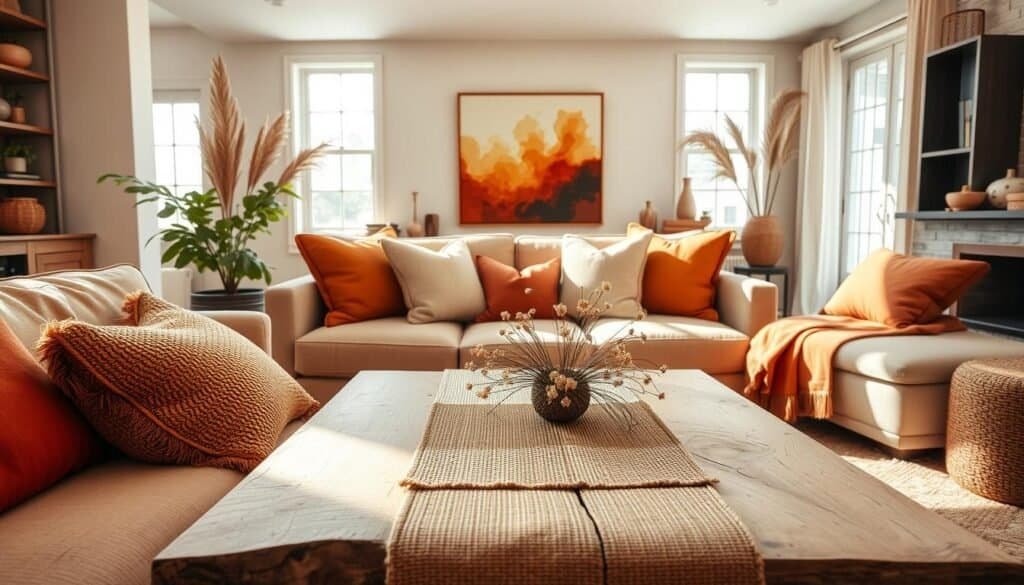 A cozy living room styled with warm color palettes, featuring rich earthy tones such as terracotta, soft beige, and warm yellows. In the foreground, a plush sofa adorned with inviting throw pillows in complementary shades. The middle ground shows a rustic coffee table made of reclaimed wood, topped with a natural fiber runner and a small bouquet of dried flowers. The background offers a softly illuminated wall showcasing art with warm hues, with sunlight streaming through large windows that create a bright and airy atmosphere. The scene captures the essence of comfort, inviting relaxation and warmth, set in a harmonious blend of textures and colors, evoking a sense of home and tranquility.