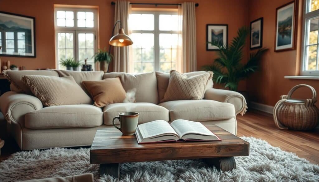 A cozy living room that exudes warmth and inviting charm, featuring a plush, overstuffed beige sofa adorned with soft, textured cushions. In the foreground, a rustic wooden coffee table holds a steaming mug of tea and an open book, surrounded by a fluffy area rug. The middle ground showcases an elegant floor lamp casting soft, golden light, while a decorative plant in a woven basket adds a touch of greenery. The walls are painted in warm earth tones, complemented by framed art that reflects natural landscapes. In the background, large windows allow bright natural light to flood the space, creating an airy atmosphere. The overall mood is serene and comforting, perfect for relaxation and connection.