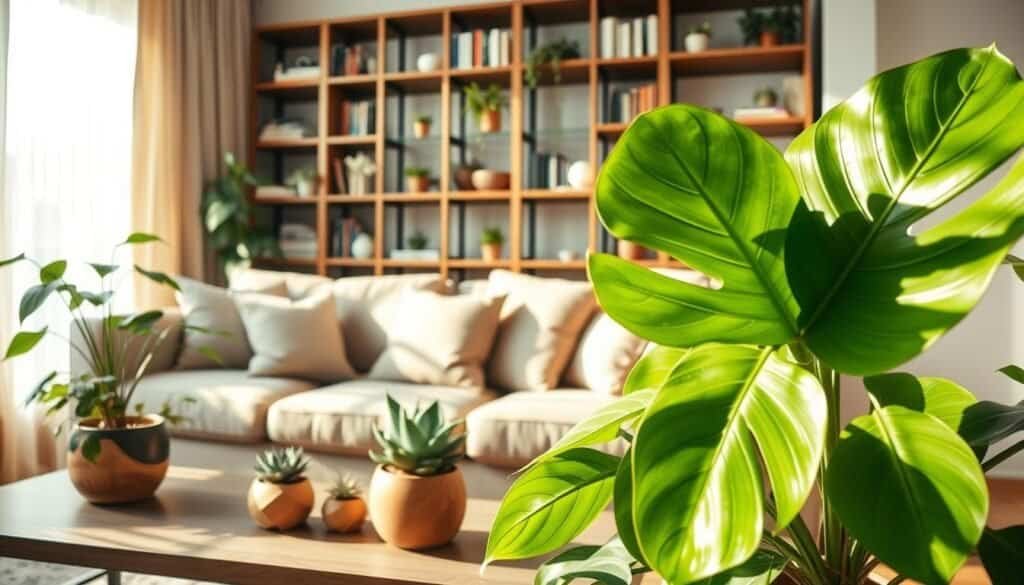 A cozy living room with a serene plant aesthetic, featuring a mix of lush green houseplants in handcrafted wooden pots. In the foreground, a vibrant Monstera plant with large, glossy leaves sits on a modern coffee table, surrounded by a few delicate succulents. The middle ground showcases a plush, comfortable sofa adorned with soft cushions, bathed in soft, warm sunlight streaming through sheer curtains. In the background, a stylish bookshelf lined with an array of books and smaller potted plants, enhancing the inviting atmosphere. The lighting is bright and airy, capturing the essence of a peaceful, well-decorated space, shot with a wide-angle lens to emphasize depth and tranquility. This scene conveys a harmonious blend of nature and home comfort.