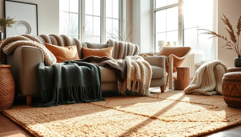 A cozy living space featuring an array of textiles designed for warmth and sound absorption. In the foreground, plush knitted throws, thick woolen blankets, and soft velvet cushions are artistically arranged on a comfortable sofa. The middle ground displays a stylish area rug with a rich texture, enhancing the atmosphere. The background reveals large windows allowing bright natural light to flood the room, illuminating the fabrics and creating a welcoming ambiance. Soft sunlight casts gentle shadows, emphasizing the warmth and inviting nature of the textiles. Capture this scene from a slightly angled perspective to showcase depth, and evoke an atmosphere of tranquility and comfort in a modern home setting.
