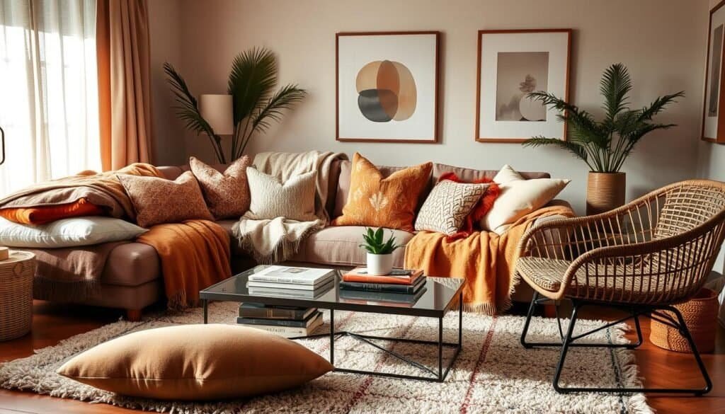 A cozy living space featuring layers of textiles and fabrics, showcasing a designer couch draped with an assortment of soft throw blankets in warm earth tones and textures. In the foreground, a plush area rug complements a collection of patterned pillows stacked invitingly. The middle ground reveals a coffee table adorned with a small potted plant and a stack of art books, while a stylish wicker chair nearby adds to the inviting atmosphere. Soft sunlight filters through sheer curtains, creating a warm, airy ambiance. The walls are decorated with neutral art pieces, enhancing the comfort of the room. The overall mood is warm and welcoming, enticing viewers to envision themselves relaxing in this beautifully layered space.