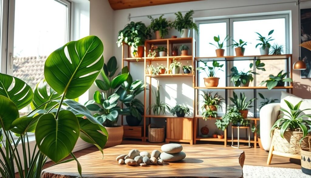 A cozy living space featuring various house plants elegantly arranged in natural wood decor. In the foreground, a lush monstera plant sits beside a rustic wooden coffee table adorned with decorative stones. The midground showcases a stylish bookshelf filled with plants like ferns and succulents, harmonizing with wooden elements. In the background, large windows let in bright natural light, illuminating the space with soft sunlight, creating a warm and inviting atmosphere. The overall mood reflects tranquility and a connection to nature, with a focus on earthy tones, textures, and the beauty of greenery enhancing the decor. Use a wide-angle lens to capture the entire scene, emphasizing the airy and well-lit environment.