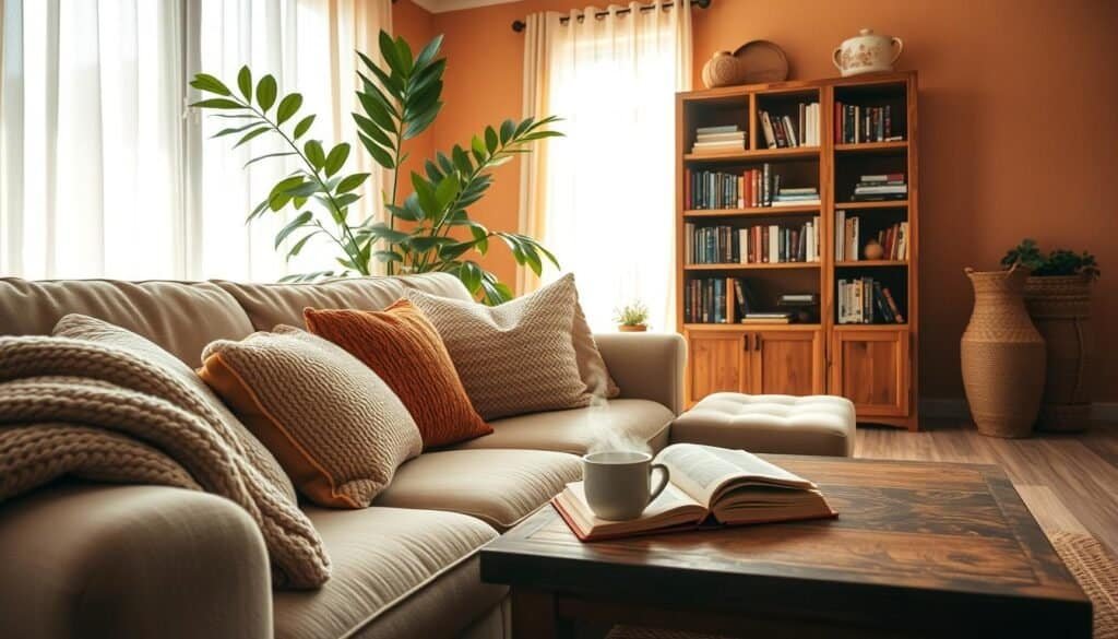 A cozy living space showcasing a warm and inviting atmosphere. In the foreground, a plush, neutral-toned sofa adorned with soft, colorful throw pillows invites relaxation. A knitted blanket is casually draped over the armrest. On a wooden coffee table, a steaming mug and an open book create a sense of comfort. In the middle ground, a rustic bookshelf filled with books and decorative items adds character. A large, leafy plant in the corner enhances the natural vibe. The background features a window with sheer curtains, allowing bright, soft sunlight to filter in, illuminating the room. The walls are painted a warm, inviting color, and a woven rug ties the space together. The overall mood is serene and lived-in, perfect for a welcoming home environment.