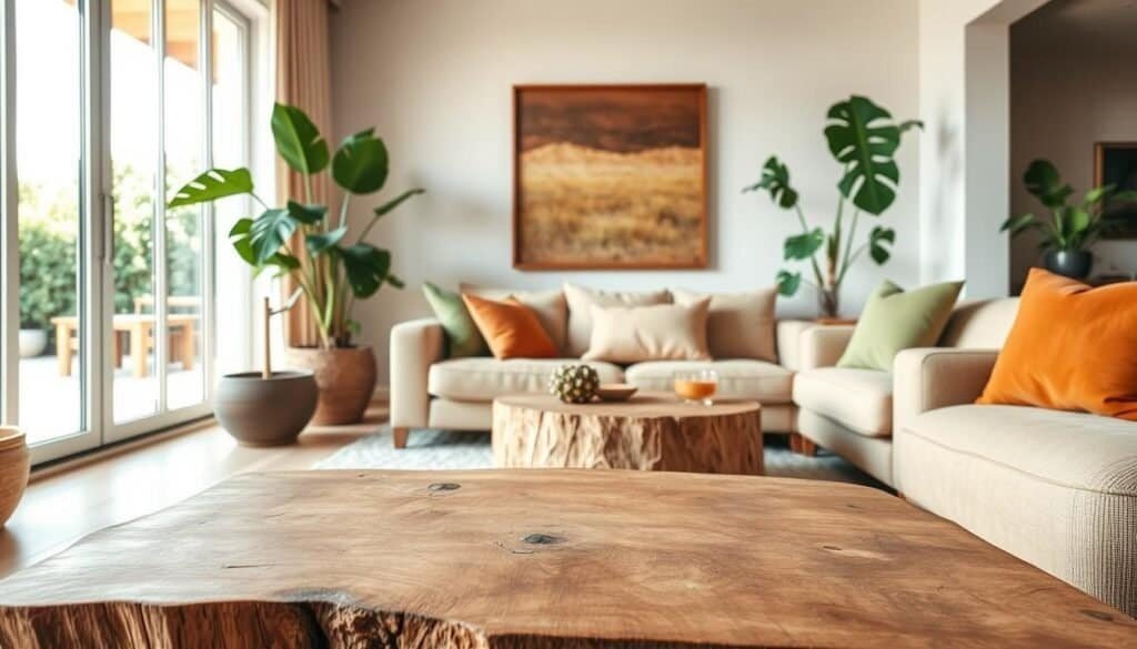 A cozy living space showcasing natural materials in home design, featuring a wooden coffee table crafted from reclaimed wood in the foreground. The middle ground includes plush furniture with earthy tones, such as a beige sofa adorned with soft green and terracotta cushions. Incorporate large potted plants, like a fiddle leaf fig, adding vibrant greenery. The background reveals a large window allowing soft, bright natural light to flood the room, illuminating the warm textures and organic shapes. Use a wide-angle lens to capture the airy atmosphere, and focus on creating a sense of serenity and comfort, reflecting the tranquility of nature indoors. Aim for a harmonious balance of materials like stone, wood, and textiles to evoke a connectedness with the natural world.