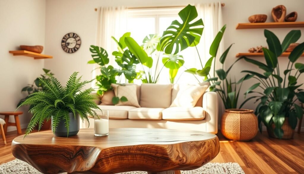 A cozy living space showcasing the beauty of natural elements in home design. In the foreground, a handcrafted wooden coffee table adorned with a lush potted fern and a candle. The middle ground features a comfortable sofa surrounded by large, vibrant green plants like monstera and snake plants, creating an inviting atmosphere. In the background, a sunlit window with sheer curtains allows soft sunlight to filter through, illuminating the warm wooden flooring. The walls are decorated with simple wooden shelves displaying natural decor items like acacia bowls and driftwood sculptures. The overall mood is serene and harmonious, emphasizing the balance between wood and greenery, capturing a sense of tranquility and connection with nature. The image is bright and airy, with a focus on natural light and textures.