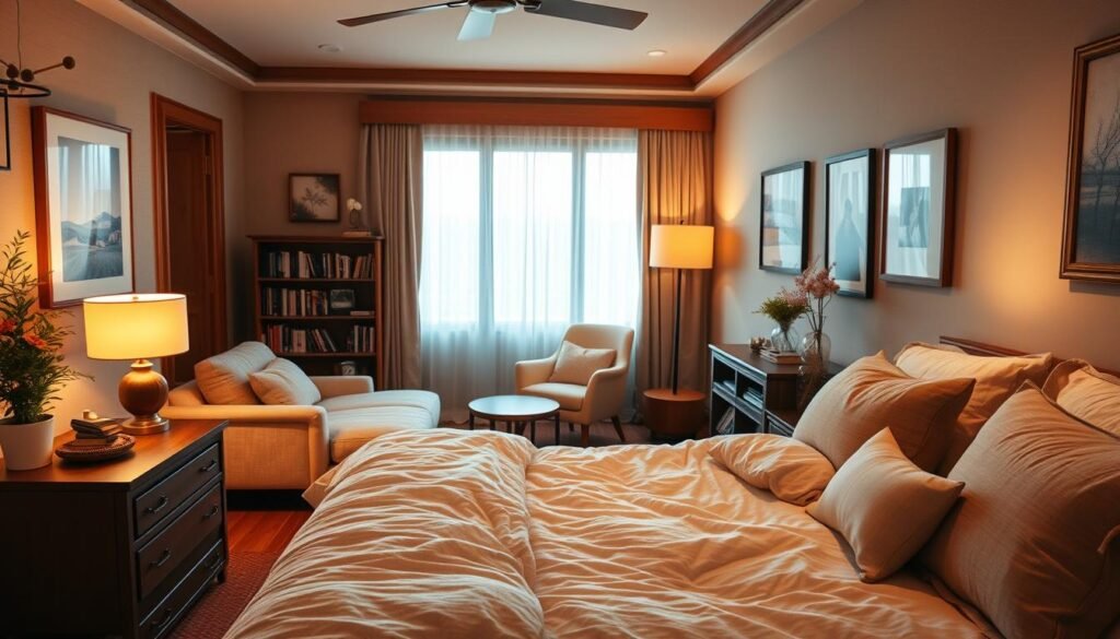 A cozy master bedroom decorated with warm tones and inviting textures. The foreground features a plush, oversized bed with soft, layered bedding in neutral colors and an array of decorative pillows. Beside the bed, a stylish wooden nightstand holds a glowing lamp, casting a warm light. In the middle, a comfortable reading nook with a soft armchair and a small bookshelf filled with books creates an inviting space. The background showcases a serene window draped with sheer curtains, allowing soft sunlight to filter in, illuminating the room. Natural wood accents and calming artwork adorn the walls, enhancing the room's warmth. The atmosphere is tranquil and welcoming, perfect for relaxation and personal reflection, captured from a slight angle to emphasize depth and coziness.