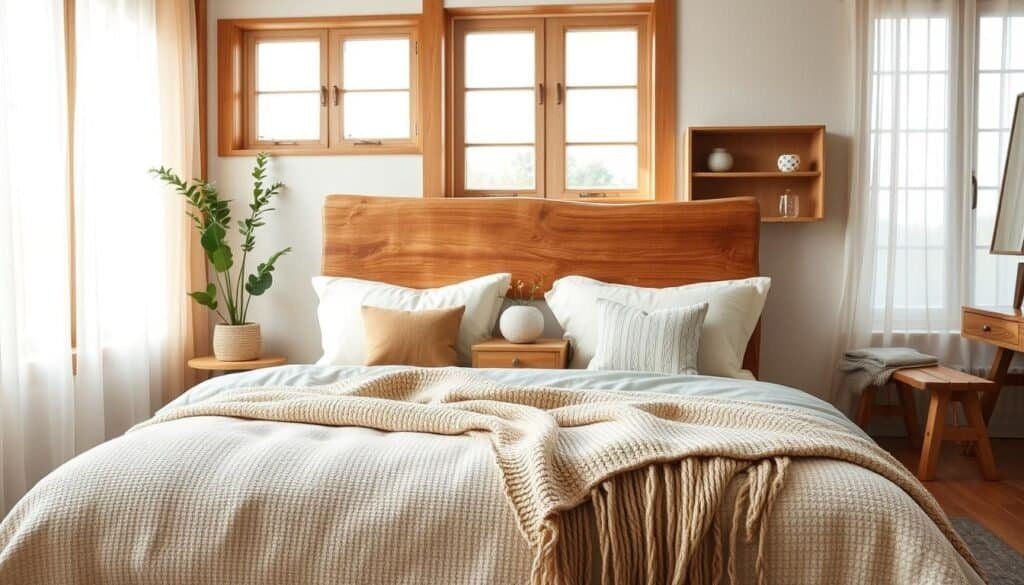 A cozy master bedroom design featuring a harmonious blend of natural wood and soft elements. In the foreground, a plush, inviting bed adorned with textured linens and fluffy pillows in gentle pastel hues. A handcrafted wooden headboard provides a rustic touch, while a soft knitted throw drapes elegantly across the foot of the bed. In the middle ground, a stylish nightstand made of warm wood holds a small potted plant and a calming decorative lamp. The background showcases large windows that let in soft, diffused sunlight, illuminating the airy space, with sheer curtains gently billowing. Wooden accents, such as shelves and a rustic bench, complete the serene atmosphere. Aim for a bright, well-lit scene that evokes comfort and tranquility, with an inviting ambiance perfect for relaxation.
