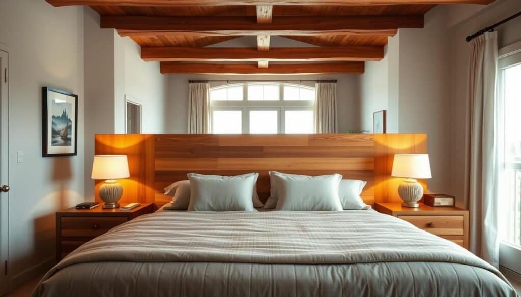 A cozy master bedroom designed for couples, showcasing exquisite wood elements. In the foreground, a plush king-size bed with a natural wood headboard, adorned with soft linens in neutral tones. On either side, stylish wooden nightstands with elegant lamps emit a warm glow. In the middle ground, a wooden dresser complements the wood theme, with decorative elements like a small potted plant. Behind the bed, a large window allows bright, natural light to filter in, casting soft shadows. The background features a tastefully arranged space, including wooden beams on the ceiling and artwork on the walls, enhancing the warm, calming atmosphere. The scene captures a serene and restful mood, ideal for relaxation, with airy and well-lit surroundings that invite tranquility.