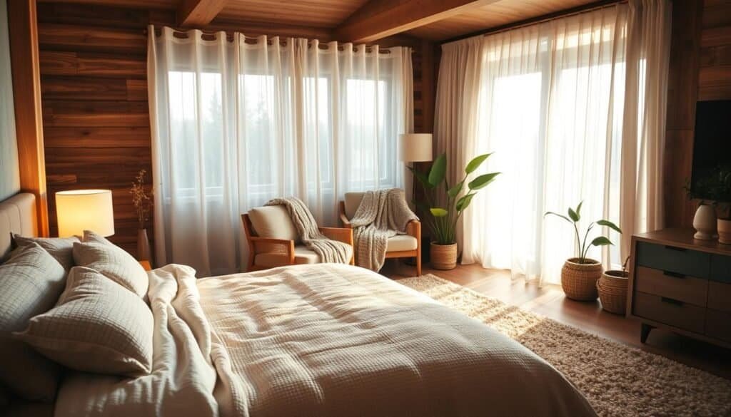 A cozy master bedroom designed for optimal relaxation and sleep. In the foreground, a plush, oversized bed with soft, textured bedding in calming neutral tones, surrounded by decorative pillows. To the side, a stylish nightstand with a glowing lamp casting warm light. In the middle, an inviting armchair, draped with a knitted blanket, facing a window showcasing sheer curtains billowing gently in the soft, bright natural light. The background features earthy wooden accents, a plush area rug, and greenery from potted plants adding life. The atmosphere is serene and peaceful, with soft sunlight illuminating the space, creating a feeling of warmth and tranquility, ideal for restful sleep. The image is captured from a slight angle to emphasize depth and comfort in the design.