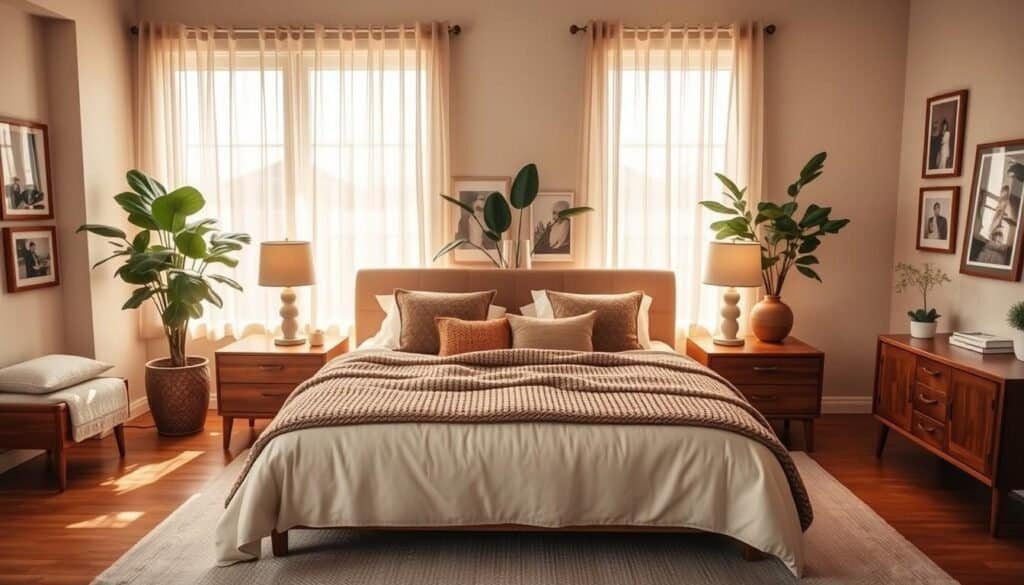 A cozy master bedroom with a warm, inviting atmosphere. In the foreground, a plush, neatly made king-sized bed adorned with soft, textured throw pillows and a knitted blanket in earth tones, exuding comfort. On either side of the bed, stylish wooden nightstands with gentle table lamps casting a soft glow. In the middle, a light area rug adds warmth to the hardwood floor. The background features large windows allowing soft, natural sunlight to flood the room, illuminating delicate sheer curtains that flutter gently in the breeze. A large potted plant in one corner adds a touch of greenery, and framed personal photos on the walls give a personalized feel. The overall mood is tranquil and soothing, perfect for relaxation and reconnection to one's space.