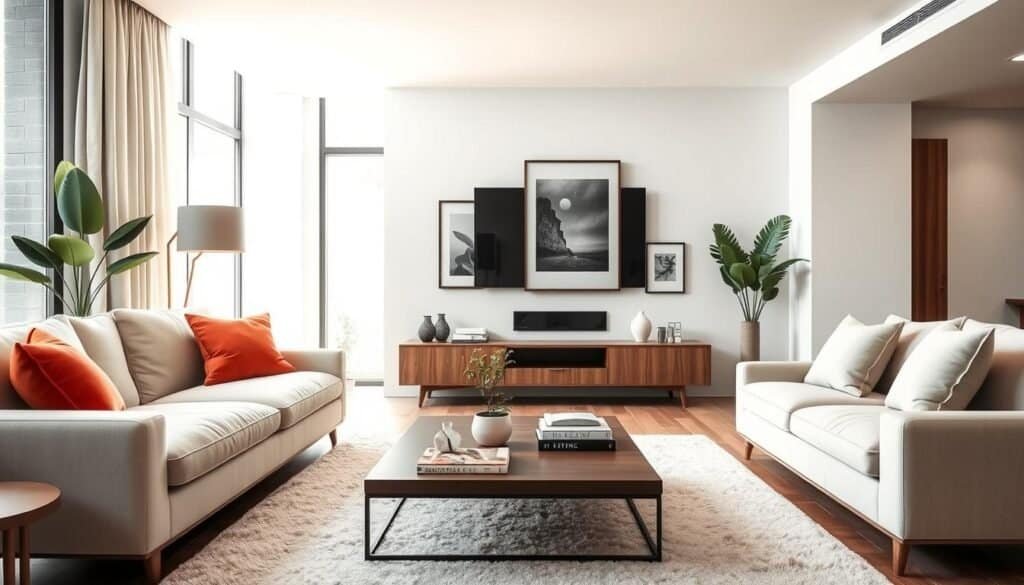 A cozy modern TV room design featuring a stylish sectional sofa with soft, neutral upholstery, adorned with vibrant throw pillows. In the foreground, a minimalist coffee table holds a decorative plant and a few art books. The middle ground showcases a sleek wall-mounted TV surrounded by tasteful framed artwork that enhances personalization without permanence. A soft, inviting rug anchors the space, enhancing the warmth. In the background, large windows let in bright, natural light, illuminating the room with a soft, airy atmosphere. The lighting creates gentle shadows, highlighting the textures of wood accents and modern decor. Capture this scene from a slightly elevated angle for depth, conveying a sense of comfort and modern sophistication in everyday living.