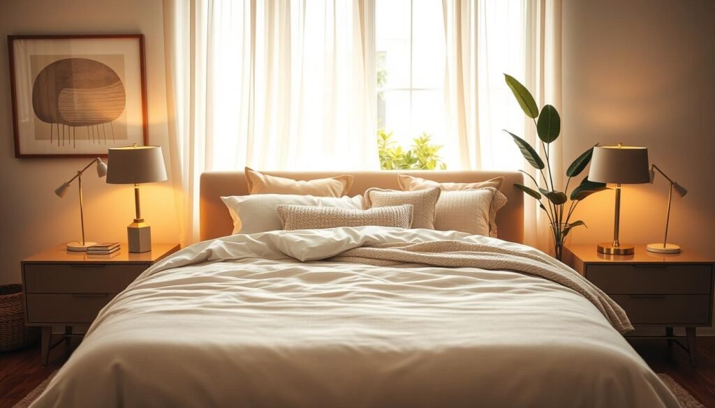 A cozy modern bedroom showcasing warm, inviting lighting. In the foreground, a beautifully made bed with soft, textured bedding in shades of cream and blush. On either side, stylish nightstands with elegant table lamps emitting a soft glow, casting gentle shadows. In the middle, a plush area rug underfoot adds to the comfort, surrounded by decorative pillows and a throw blanket. Bright natural light filters through sheer curtains, enhancing the airy atmosphere. The background features a tasteful mix of wall art and greenery, creating a serene oasis. The lighting is soft and diffused, evoking a calm and welcoming ambiance, captured with a shallow depth of field.