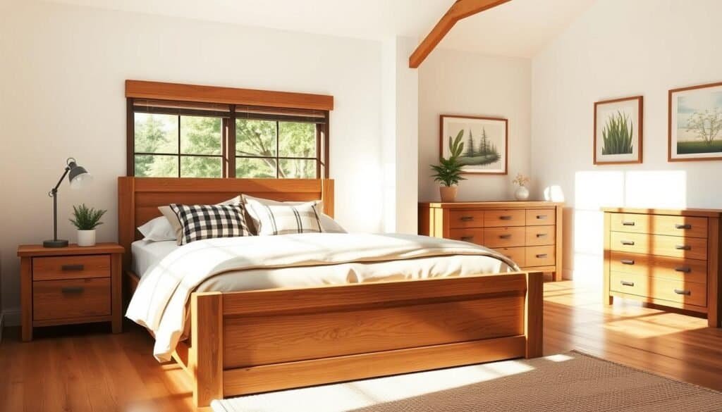 A cozy modern farmhouse bedroom featuring rich wood elements. In the foreground, a beautifully crafted wooden bed with a soft, neutral-colored duvet and plaid accent pillows. Beside the bed, a rustic nightstand made from reclaimed wood, topped with a small potted plant and a vintage-style lamp. In the middle ground, a large window allowing bright natural light to flood the room, casting gentle shadows across the wooden floor. The walls are painted in a warm white, adorned with framed nature-inspired art. In the background, a stylish wooden dresser and a textured area rug, enhancing the warm and inviting atmosphere. The scene is bathed in soft, airy sunlight, creating a calm and restful mood with minimalistic décor and a touch of comfort, perfect for relaxation.