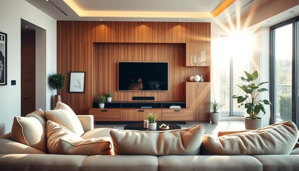 A cozy modern living room featuring a stylish TV wall, designed for warmth and inviting aesthetics. In the foreground, a plush, neutral-colored sofa adorned with soft throw pillows invites relaxation. The middle ground showcases a contemporary TV unit with sleek storage solutions, framed by warm wooden paneling. Subtle decorative elements like a few potted plants and art pieces enhance the setting. In the background, large windows allow bright natural light to filter in, creating a soft, airy atmosphere. The lighting is warm and inviting, with rays of soft sunlight illuminating the space, accentuating the comfortable and homely feel. Capture the essence of a welcoming living environment, emphasizing the modern décor and serenity of the room.