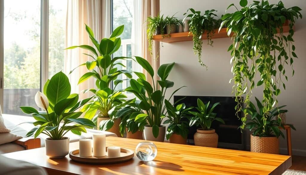 A cozy, modern living room filled with vibrant energy-transforming plants, such as a flourishing peace lily, a lush snake plant, and a bright pothos cascading from a stylish wooden shelf. In the foreground, a warm, wooden coffee table adorned with candles and a small crystal emphasizes tranquility. The middle ground features green plants bathed in soft, natural sunlight filtering through large windows with sheer curtains, creating an inviting atmosphere. The background showcases a serene view of an outdoor garden, enhancing a sense of connection to nature. The mood is uplifting and rejuvenating, invoking feelings of calm and harmony. The lighting is bright and airy, highlighting the freshness and vitality of the plants in a beautifully arranged home setting.