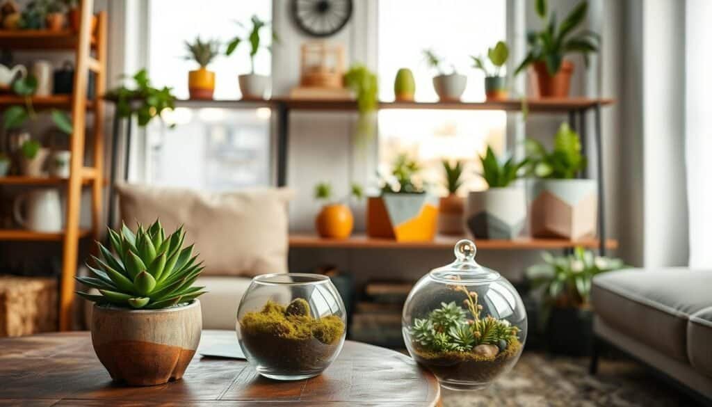 A cozy, modern living room with an array of unique plant containers showcasing various styles and materials. In the foreground, a rustic wooden table holds a vibrant green potted succulent in a handmade ceramic pot, while a small, sleek glass terrarium filled with a moss ball sits beside it. The middle ground features a stylish shelf adorned with colorful, artistic planters, including one made of bamboo and another of concrete, each containing diverse plants like ferns and small flowering species. In the background, a window allows soft, natural light to flood the room, casting gentle shadows and creating an airy, uplifting atmosphere. The warm tones of the décor and greenery evoke a sense of comfort and personal touch, inviting viewers to imagine their own spaces transformed by unique plant containers.