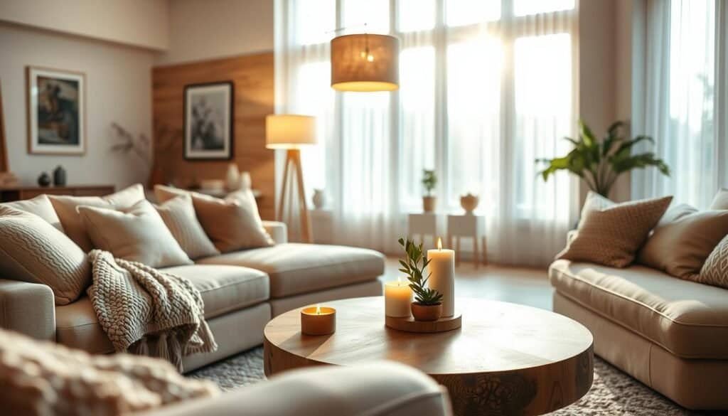 A cozy modern living room with soft, warm lighting that creates an inviting atmosphere. In the foreground, a plush beige sofa adorned with textured throw pillows and a chunky knit blanket. A round coffee table made of natural wood sits in the center, adorned with a small potted plant and a few elegant candles casting a gentle glow. In the middle, a unique floor lamp with a soft fabric shade illuminates the space subtly. The background features large windows allowing bright, soft sunlight to filter in, enhancing the airy feel of the room. The walls are painted in a calming neutral tone, complemented by wooden accents and tasteful artwork. The overall mood is serene and inviting, perfect for relaxation and comfort.