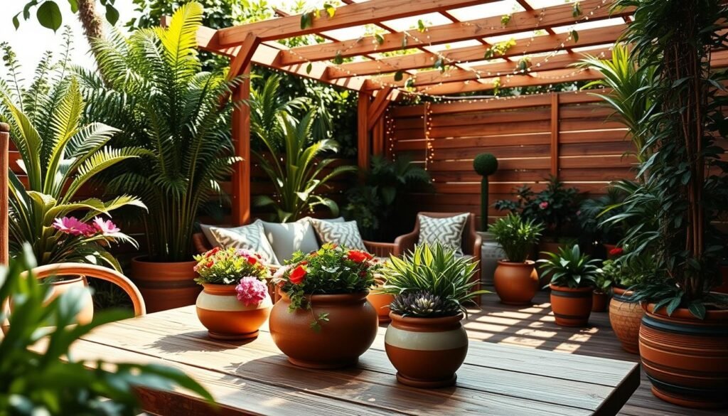 A cozy outdoor patio adorned with vibrant green plants and stylish wood accents. In the foreground, a wooden table set with ceramic pots of colorful flowers and lush foliage. The middle ground features a comfortable seating area with plush cushions, surrounded by tall potted plants, like ferns and small trees, creating a natural feel. In the background, a wooden pergola draped with fairy lights provides a warm ambiance. The scene is drenched in bright, soft sunlight, casting gentle shadows and highlighting the textures of the wood and leaves. The mood is tranquil and inviting, ideal for relaxation and outdoor gatherings, captured from a slightly elevated angle to showcase depth and layering.