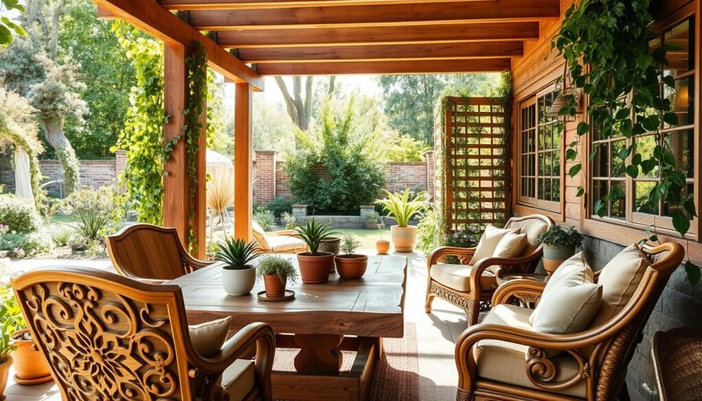 A cozy outdoor patio featuring natural wood decor, including a rustic wooden table adorned with potted plants and soft cushions in earthy tones. In the foreground, there are intricately carved wooden chairs and a woven rug that adds texture. The middle ground showcases a sunlit space with wooden beams overhead and climbing vines enhancing the natural aesthetic. In the background, a lush garden surrounds the area, creating a serene atmosphere. The sunlight streaming through the trees casts soft, warm shadows, enhancing the inviting mood. Use a warm color palette, showcasing rich browns and greens, with bright natural light to emphasize the wood’s grain and texture. Capture this scene from a slightly elevated angle to create depth, focusing on the harmony between the wooden elements and the surrounding nature.