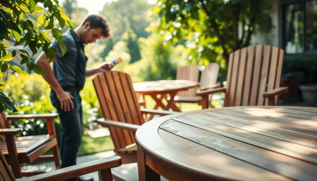A cozy outdoor patio scene showcasing weatherproofing wooden furniture. In the foreground, a skilled craftsman applies a protective sealant to a beautifully crafted wooden table using a brush, wearing casual work attire. The middle ground features several pieces of elegant weatherproofed wooden chairs and a table, with a vibrant green garden in the background. Soft sunlight filters through the leaves, casting gentle shadows and creating a warm, inviting atmosphere. The scene captures the essence of care and maintenance for outdoor wooden elements, reflecting the beauty and comfort they bring to patios. The angle is slightly elevated, providing a clear view of the meticulous work being done and the overall arrangement of the patio.