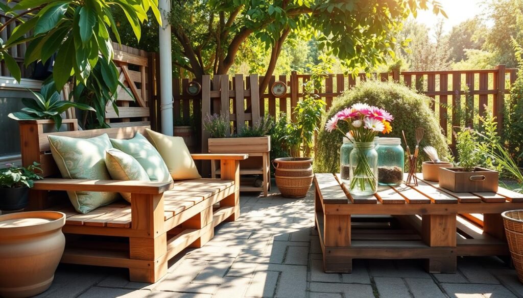 A cozy outdoor scene showcasing various wooden pallet projects like garden furniture, planters, and decorative accents. In the foreground, a beautifully crafted pallet bench adorned with colorful cushions invites relaxation. The middle ground features a rustic pallet table set with jars of fresh flowers and gardening tools for a warm, inviting touch. In the background, a bright, sunlit garden with green foliage and flowers complements the wooden elements. The sunlight streams through the leaves, casting soft shadows on the ground, creating an airy atmosphere. Capture this scene with a wide-angle lens to emphasize the depth and details, maintaining a bright, natural palette that evokes a sense of tranquility and encourages outdoor living.
