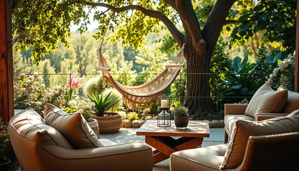 A cozy outdoor seating area designed for relaxation and comfort. In the foreground, a plush, oversized armchair with soft cushions in muted earth tones. To the side, a stylish wooden coffee table adorned with a small potted plant. The middle ground features a woven hammock hanging between two trees, inviting a sense of tranquility. The background reveals a lush garden filled with blooming flowers and greenery, with dappled sunlight filtering through the leaves. The scene is bathed in warm, soft sunlight, creating a serene atmosphere. Capture this tableau from a slightly elevated angle, emphasizing the inviting layout and harmonious blend of nature and furniture, reflecting a perfect balance of relaxation and outdoor charm.