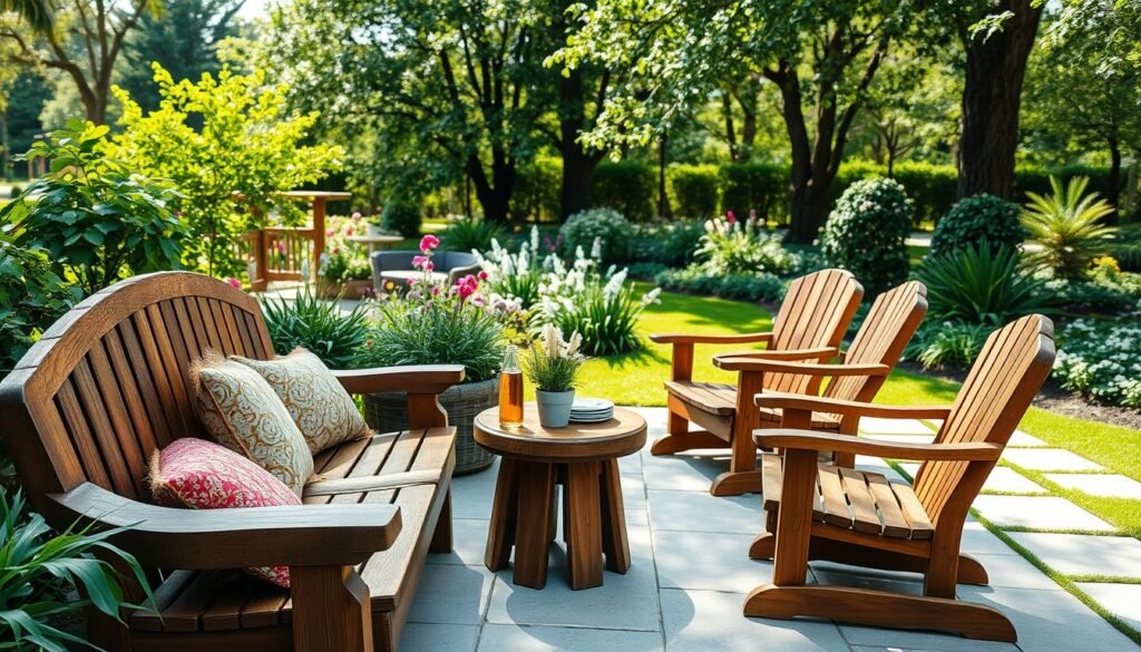 A cozy outdoor seating area, featuring a beautifully handcrafted wooden bench surrounded by lush greenery. In the foreground, the bench is adorned with plush, colorful cushions for comfort, while a small, rustic side table holds a potted plant and a refreshing beverage. In the middle ground, a set of elegant wooden armchairs complements the bench, set on a light stone patio. The background showcases a vibrant garden filled with blooming flowers and tall trees, creating a serene atmosphere. The scene is bathed in soft, natural sunlight, giving it a warm and inviting feel. Captured with a wide-angle lens to emphasize the spaciousness and tranquility of the outdoor setting.
