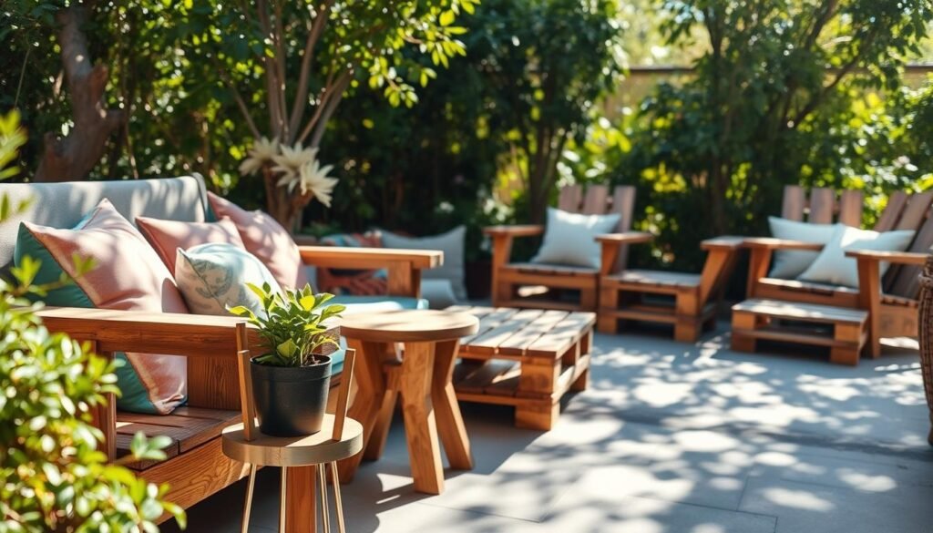 A cozy outdoor seating area featuring a variety of DIY wood projects. In the foreground, there's a charming rustic bench made from reclaimed wood, adorned with soft, colorful cushions that invite relaxation. Next to it, a small, handcrafted side table holds a potted plant. In the middle ground, a series of stylish wooden pallet chairs create an inviting communal atmosphere, each with comfortable throw pillows. The background showcases a lush green garden, with sunlight filtering through the leaves, casting playful shadows on the ground. The scene is bathed in bright, natural light, evoking a warm, welcoming mood, perfect for inviting people to spend time outdoors. The angle captures the seating area from a slight elevation, providing a broad view of the inviting space.