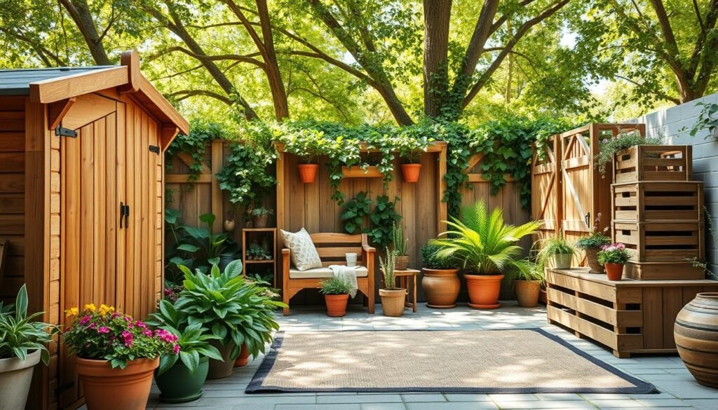 A cozy outdoor space featuring various practical wooden storage solutions, such as a handcrafted wooden garden shed, a sturdy storage bench with a hinged lid, and decorative wooden crates stacked for added charm. In the foreground, arrange vibrant potted plants and a rustic outdoor rug to enhance the inviting atmosphere. The middle ground displays the storage solutions surrounded by lush greenery, with gentle vines creeping along the structures. The background includes soft sunlight filtering through the trees, casting dappled shadows on the ground. Use a warm color palette to evoke a sense of comfort and tranquility, captured with a wide-angle lens to provide depth. The overall mood is serene and welcoming, perfect for enhancing outdoor living.