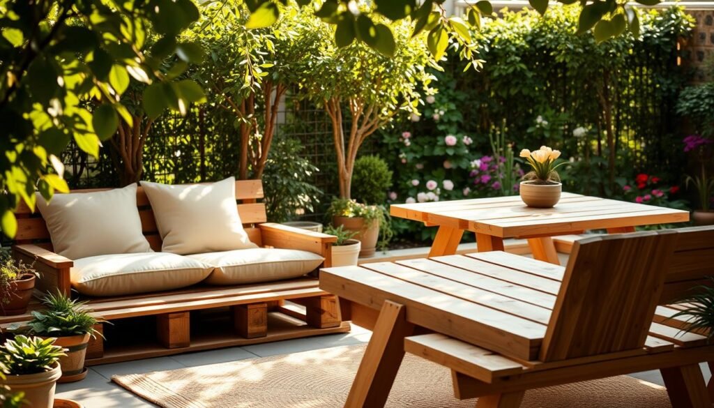 A cozy outdoor space showcasing various easy DIY wooden seating options, including a rustic wooden bench, a couple of oversized cushions on wooden pallets, and a charming picnic table set against a backdrop of lush greenery. The scene is illuminated by soft, warm sunlight filtering through the leaves, casting gentle shadows that enhance the inviting atmosphere. In the foreground, details like potted plants and a woven rug add texture and comfort. The middle ground highlights the handmade wooden seats with unique designs, emphasizing natural wood grains. The background features a serene garden setting with vibrant flowers and soft foliage. Capture this inviting outdoor nook from a slightly elevated angle to encompass the full cozy experience, creating a sense of tranquility and warmth.