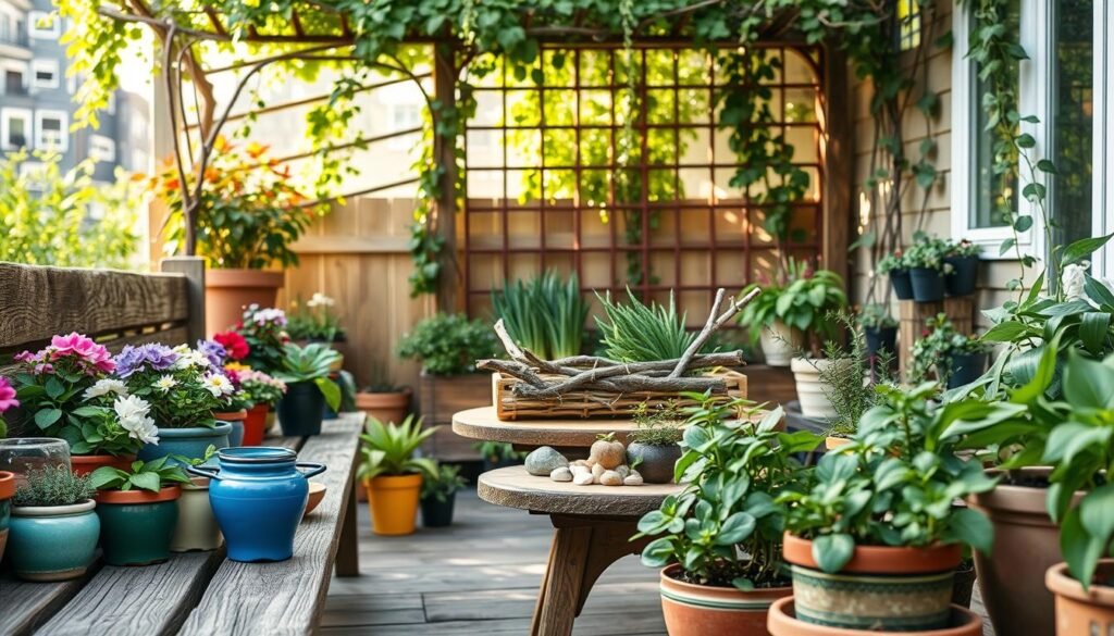 A cozy patio scene showcasing an assortment of potted plants designed for seasonal updates with natural materials. In the foreground, a rustic wooden bench adorned with an array of colorful ceramic pots filled with vibrant flowers and lush green foliage. The middle ground features a small wooden table set with a handmade centerpiece, incorporating twigs and pebbles alongside more potted herbs and succulents. In the background, a delicate trellis covered with climbing vines filters soft sunlight, creating a warm, inviting glow throughout the space. The setting is bright and airy, with lush greenery complementing the natural wood elements, evoking a serene, harmonious atmosphere perfect for relaxation and enjoyment. Shot from a low angle to capture depth and dimension, bathed in gentle, natural light.