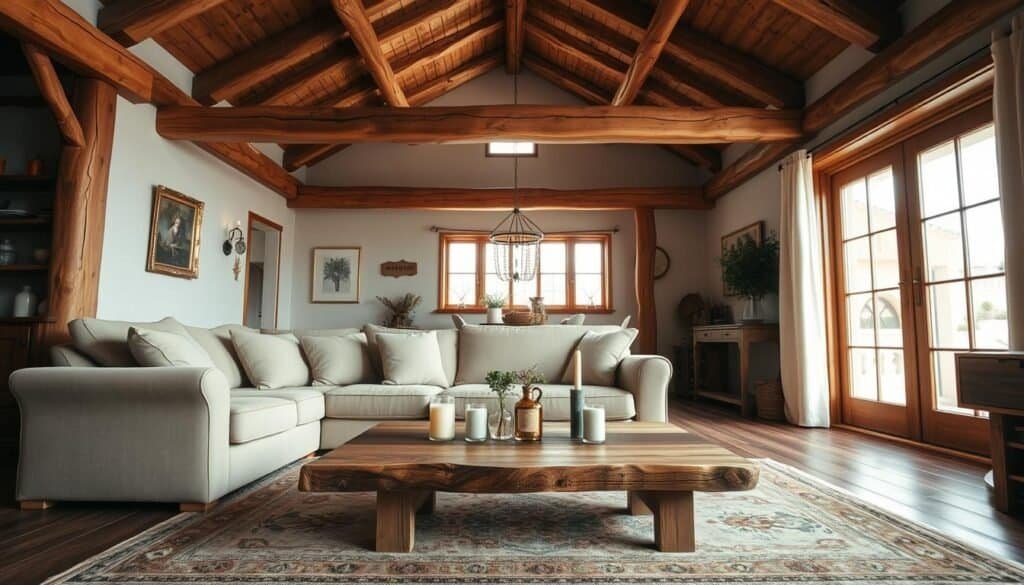 A cozy rustic living room featuring warm wooden elements for a relaxed atmosphere. In the foreground, a plush, beige sofa adorned with soft, muted throw pillows sits invitingly. A handcrafted coffee table made of reclaimed wood rests in front of the sofa, displaying a few scented candles and a small potted plant. The middle of the room showcases exposed wooden beams lending character to the high ceiling, along with a large, vintage-style rug that adds warmth underfoot. The background reveals a soft-lit window allowing natural sunlight to stream in, illuminating the space with a gentle glow. The overall mood is serene and inviting, perfect for a comfortable gathering. The composition should be captured from an angle that highlights the room's full depth and warmth.