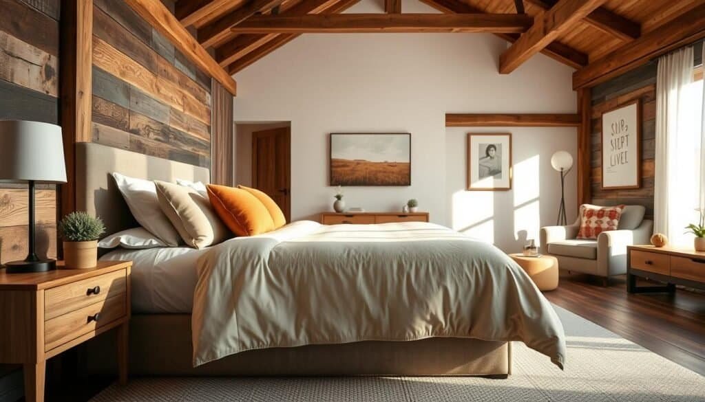 A cozy rustic modern bedroom featuring a queen-sized bed with a soft, neutral linen duvet, accented by warm, earthy throw pillows. In the foreground, a wooden nightstand with a small potted plant and a stylish lamp create an inviting atmosphere. The middle ground showcases a blend of reclaimed wood and sleek, modern furniture, with an inviting armchair positioned by a large window. The background reveals exposed wooden beams and a light-colored accent wall adorned with tasteful artwork. The room is bathed in bright natural light, with soft sunlight filtering through sheer curtains, casting gentle shadows across the space. The overall mood is serene and welcoming, perfect for relaxation and rejuvenation.