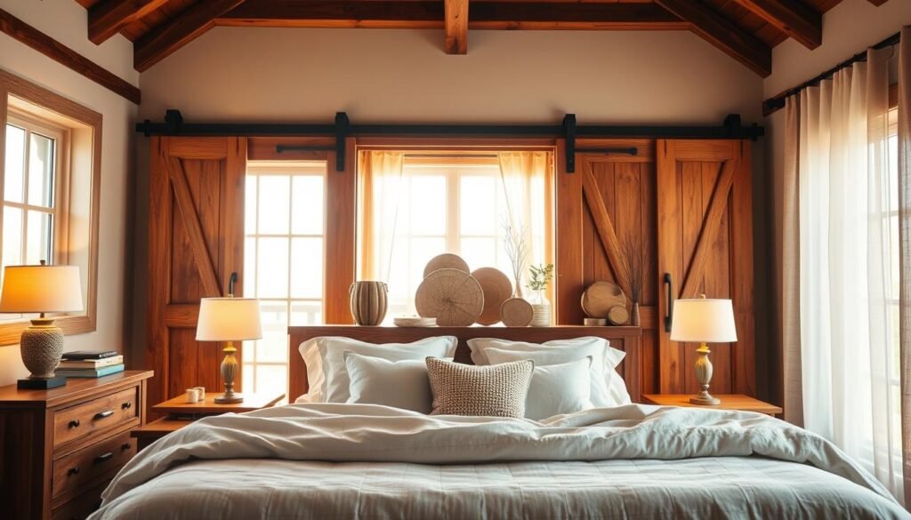 A cozy rustic modern bedroom featuring beautiful barn doors that open to reveal warm wooden accents. In the foreground, a plush queen-sized bed with a soft, neutral-toned duvet and layered throw pillows invites relaxation. Surrounding the bed are rustic wooden bedside tables topped with simple, elegant lamps casting a soft glow in the bright natural light pouring in through large windows. In the middle ground, the barn doors are partially open, showcasing a curated selection of wooden decorations and greenery that enhance the organic feel. The background features a wooden ceiling with exposed beams and warm, soft sunlight filtering through gauzy curtains, creating an airy atmosphere. The mood is peaceful and inviting, perfect for ultimate coziness. A cozy rustic modern bedroom featuring beautiful barn doors that open to reveal warm wooden accents. In the foreground, a plush queen-sized bed with a soft, neutral-toned duvet and layered throw pillows invites relaxation. Surrounding the bed are rustic wooden bedside tables topped with simple, elegant lamps casting a soft glow in the bright natural light pouring in through large windows. In the middle ground, the barn doors are partially open, showcasing a curated selection of wooden decorations and greenery that enhance the organic feel. The background features a wooden ceiling with exposed beams and warm, soft sunlight filtering through gauzy curtains, creating an airy atmosphere. The mood is peaceful and inviting, perfect for ultimate coziness.