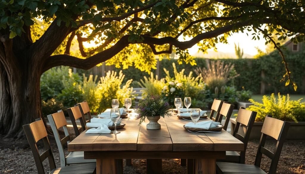 A cozy rustic wood outdoor dining area set under a large, leafy tree, featuring a reclaimed wooden table surrounded by mismatched chairs. The foreground showcases a beautifully set table with simple, elegant tableware, soft linens, and a small vase of wildflowers. In the middle, golden sunlight filters through the leaves, casting dappled shadows on the table. In the background, a lush garden filled with greenery enhances the inviting atmosphere. The scene is captured from a slightly elevated angle, highlighting the textures of the wood and the natural materials used. The overall mood is warm and welcoming, perfect for gatherings, exuding a connection with nature in bright, airy light.