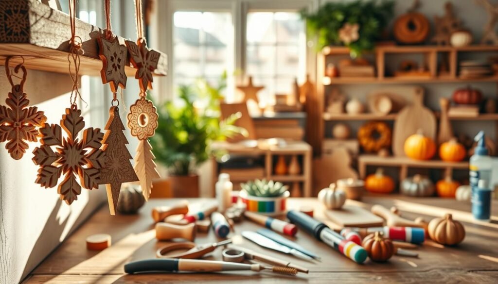 A cozy scene showcasing seasonal wooden decorations for holiday crafting. In the foreground, intricately carved wooden ornaments hang from a rustic wooden shelf, displaying festive designs of snowflakes, Christmas trees, and pumpkins for autumn. The middle ground features a beautifully arranged crafting area with tools scattered around, including a whittling knife, wood glue, and paints in vibrant colors. Soft sunlight streams in through a nearby window, creating a warm and inviting atmosphere. In the background, a well-organized workspace with shelves full of various wooden crafts and greenery adds to the natural feel. Capture this inviting moment with bright, natural light, emphasizing the textures of the wood and the artistic process, evoking a sense of calm and creativity perfect for a weekend DIY project.