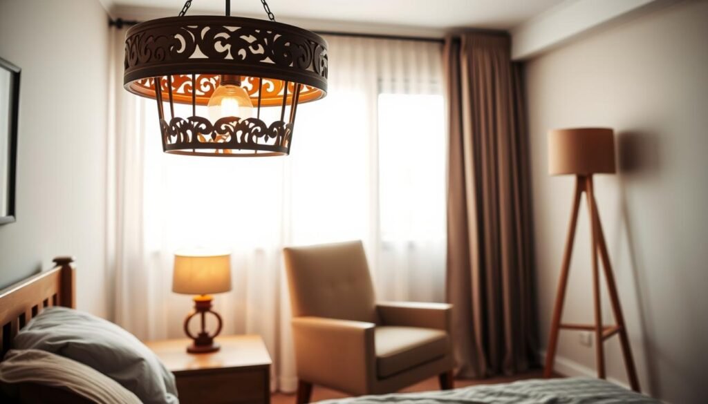 A cozy, serene bedroom featuring elegant wooden lighting fixtures that exude warmth and ambiance. In the foreground, showcase a stylish wooden pendant light with intricate carvings hanging gracefully above a bedside table. In the middle, a subtle table lamp crafted from rich walnut wood casts a soft glow, accompanied by a minimalist wooden floor lamp beside a plush armchair. The background reveals a softly lit window draped with sheer curtains, allowing bright natural sunlight to filter in, enhancing the airy and inviting atmosphere. The overall mood is tranquil and comforting, emphasizing the beauty of craftsmanship in home décor. Capture the scene with a wide-angle lens, emphasizing the depth and texture of the wood, under natural light to create a harmonious balance.