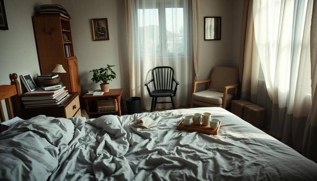 A cozy, slightly cluttered bedroom with signs of bad energy. In the foreground, a rumpled bed with disheveled bedding and an untidy nightstand strewn with books and half-drunk cups of tea. The middle ground features a dimly lit corner with a lonely houseplant that appears wilted, while a dusty unused chair suggests neglect. In the background, soft natural light filters through sheer curtains, casting delicate shadows across the room. The overall atmosphere is one of unease and discomfort, highlighting a blend of peaceful home décor and signs of stagnation. The composition should create a sense of peaceful disruption, using a wide-angle lens to capture the entire room, providing a clear view of its challenging energy.