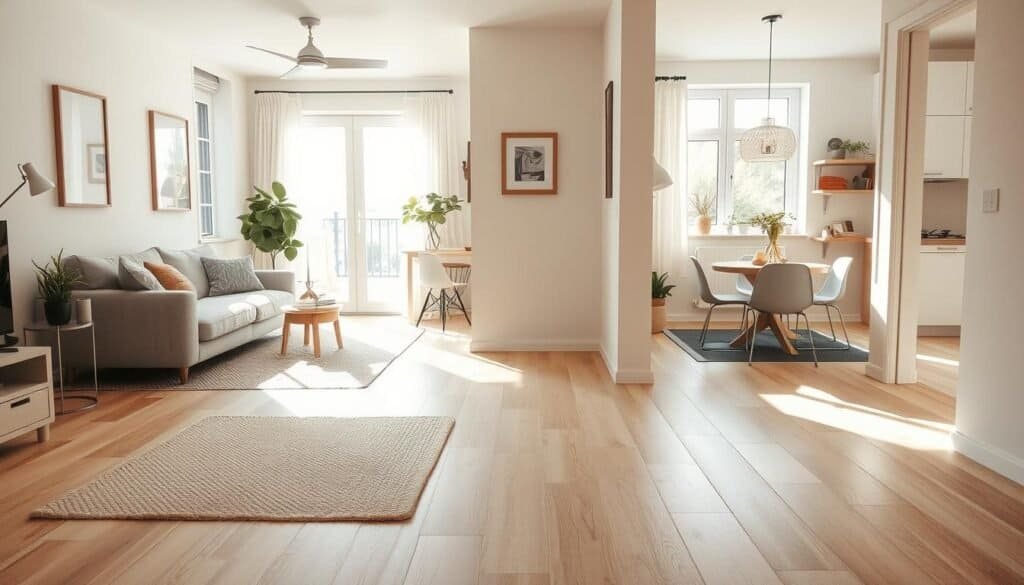A cozy small apartment interior showcasing flooring solutions that facilitate seamless transitions between spaces. In the foreground, a beautifully designed living area features light wooden flooring, complemented by a soft, neutral rug with natural textures. The middle ground captures an open-concept kitchen and dining space with ceramic tile flooring that harmonizes with the wooden textures, creating a cohesive flow. The background shows a softly lit hallway leading to a well-decorated entryway, enhancing the sense of openness. Bright, natural light filters in through large windows, casting gentle shadows and creating an airy atmosphere. The scene conveys a warm, inviting mood, ideal for promoting a sense of comfort and connection in a compact living space.