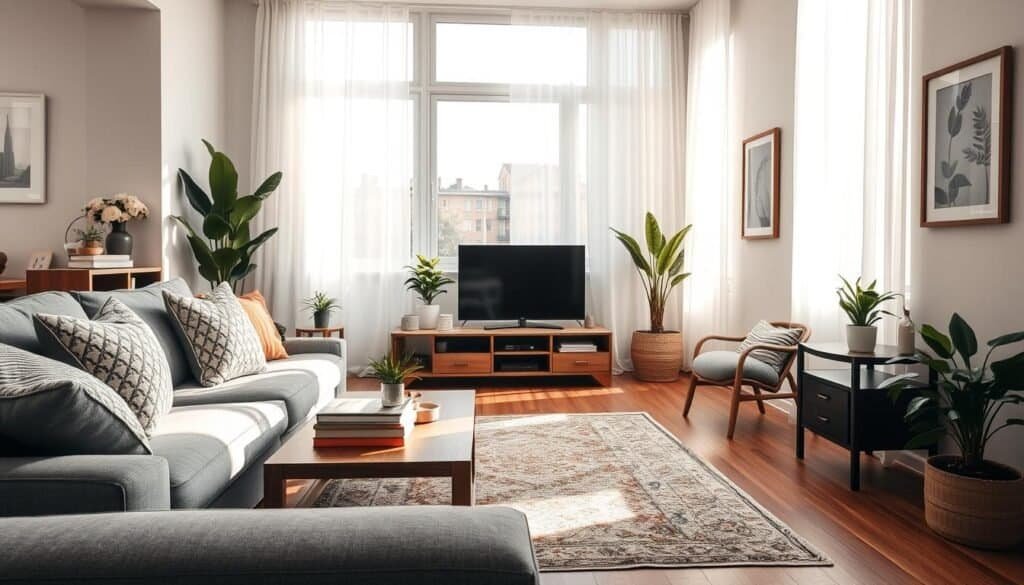 A cozy small apartment living room, featuring a modern yet warm aesthetic. In the foreground, a plush, gray sofa with decorative throw pillows invites relaxation. A wooden coffee table displays a stack of books and a small indoor plant. The middle layer showcases a stylish rug underfoot and a compact entertainment center adorned with personal items. In the background, large windows bathe the room in bright, natural light, highlighting soft white curtains that flutter gently. A few potted plants add freshness, while framed artwork in muted tones adorns the walls, enhancing the atmosphere. The overall mood feels inviting and lived-in, radiating comfort and tranquility. Use a wide-angle lens effect to capture the entire scene, emphasizing warmth and spaciousness through soft sunlight filtering into the room.