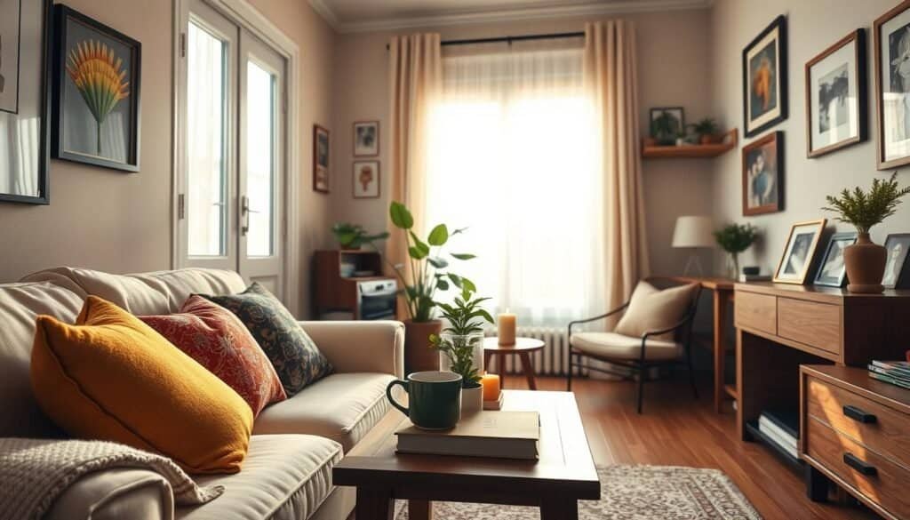 A cozy small apartment living room filled with warm, inviting decor. In the foreground, a plush, cream-colored sofa adorned with colorful throw pillows and a soft blanket. A small wooden coffee table holds a steaming mug and a stack of books. In the middle, a vibrant indoor plant adds a pop of greenery beside a gently flickering candle. On the walls, tasteful artwork and framed photographs create a personal touch. The background features a sunlit window draped with sheer curtains, allowing soft, natural light to brighten the space. The atmosphere is warm and welcoming, emphasizing a homely feel that invites relaxation and comfort. The image should capture a wide-angle perspective to showcase the entire room, with a soft focus that enhances the cozy ambiance.