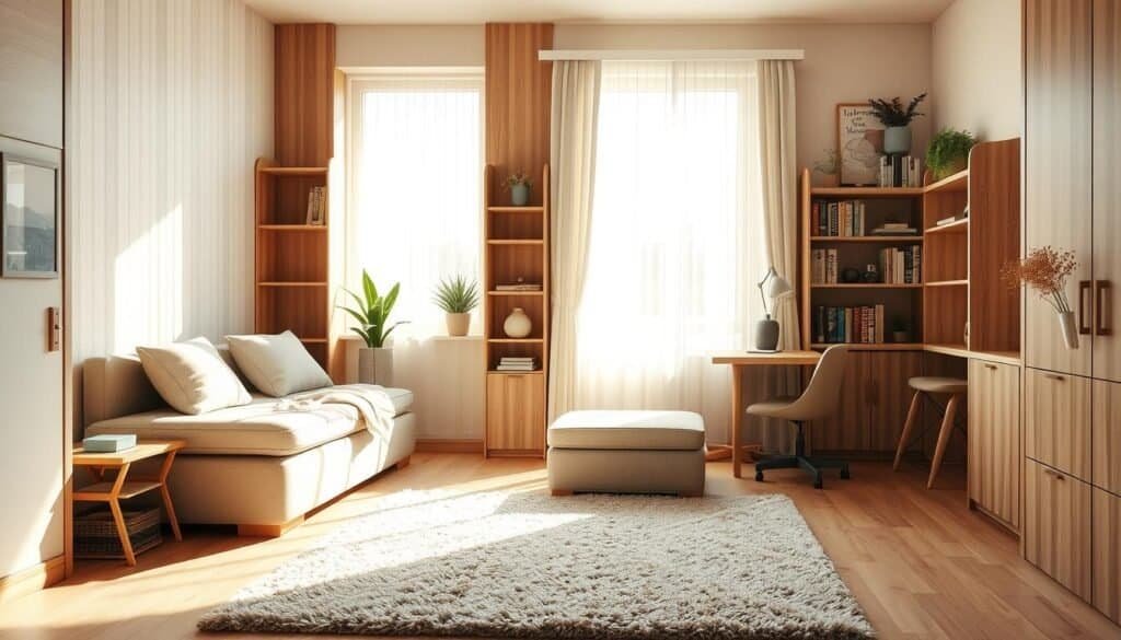 A cozy small bedroom design featuring multifunctional furniture, such as a compact sofa bed with soft cushions, a foldable desk against the wall, and a storage ottoman at the foot of the bed. The room is bathed in bright natural light streaming through a large window dressed with sheer curtains, creating a warm atmosphere. In the foreground, a plush area rug adds texture and comfort. The middle ground showcases wooden accents, including a streamlined bookshelf filled with books and plants. In the background, soft pastel colors on the walls and decorative wall art subtly enhance the inviting mood. The lighting is soft and airy, emphasizing a serene and homely vibe, ideal for relaxation and coziness.