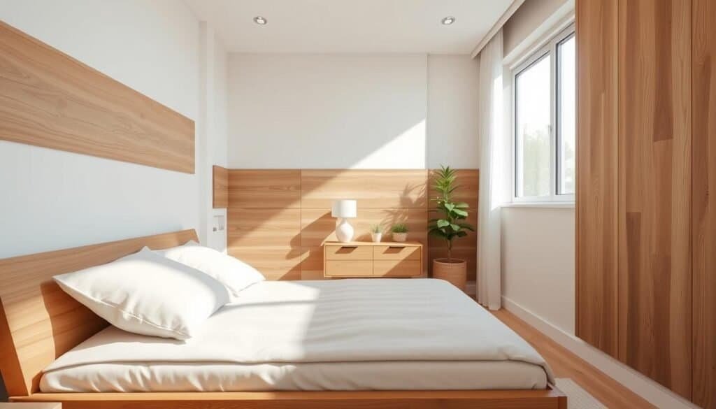 A cozy small bedroom featuring a harmonious blend of wood tones and finishes. In the foreground, a sleek modern wooden bedframe made from warm oak, topped with soft neutral bedding. The middle section showcases a stylish wooden nightstand with a minimalist lamp, accompanied by a small potted plant for a touch of greenery. The backdrop includes light beige walls adorned with wooden wall accents, enhancing the spatial perception. Bright natural light spills through a large window, casting soft shadows and highlighting the textures of the wood. The overall atmosphere is airy and inviting, evoking a sense of calm and spaciousness, perfect for illustrating how wood finishes can transform small spaces.