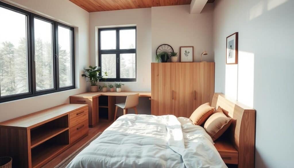 A cozy small bedroom featuring multi-functional wooden furniture in a harmonious, modern design. In the foreground, a stylish wooden bed with built-in storage seamlessly integrates a nightstand. A compact desk with shelves extends from the wall, providing workspace without clutter. The middle ground includes soft natural light streaming through a large window, illuminating the warm tones of the wood. In the background, potted plants and tasteful wall décor add a touch of greenery and personality. The scene captures a serene, airy atmosphere, showcasing the beauty and versatility of wooden furniture in a small space. The image should convey a sense of calm and organization, emphasizing the practical elegance of the design.