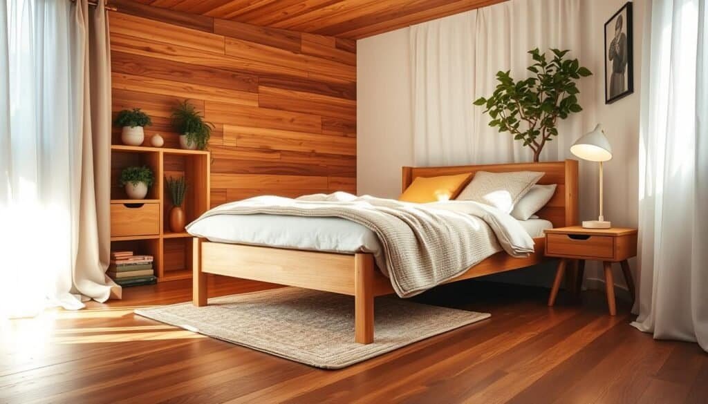 A cozy small bedroom featuring warm wood design elements, including a compact wooden bed frame with soft bedding and textured pillows. The room has a wooden accent wall and a small bookshelf filled with plants and books. A bedside table with a modern lamp adds a touch of elegance. In the background, light pours in through sheer curtains, illuminating the space with bright natural light. The floor is a rich wood, enhancing the room’s warmth. The atmosphere is calm and restful, inviting relaxation. The composition is captured with a wide-angle lens from a low angle to emphasize the cozy details, with soft sunlight enhancing the textures and tones in the space.